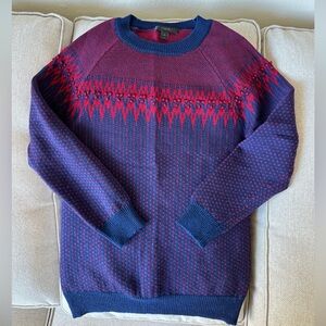 J. Crew Merino Fair Isle Wool Navy and Red Sweater Small Blue Red Crew Neck